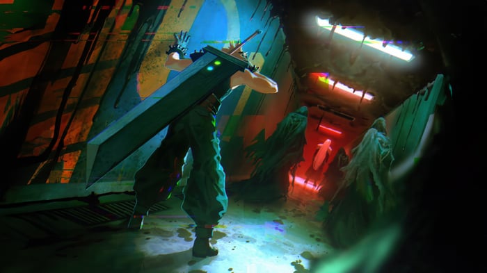 Cloud Strife with Buster Sword in a dark corridor