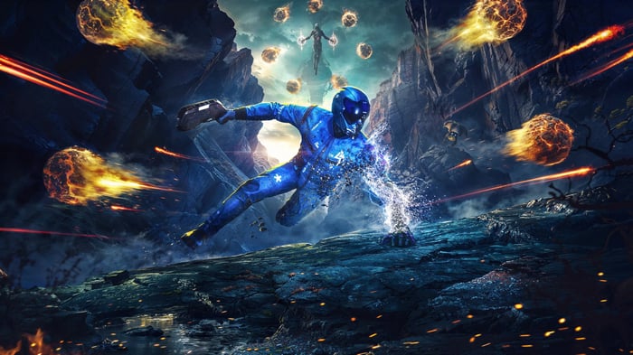 Project Tower: A blue-suited figure dodges fiery projectiles