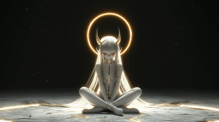 Anime girl with horns meditating with a golden halo