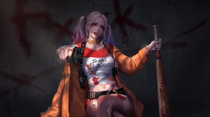 Harley Quinn with a baseball bat and gun