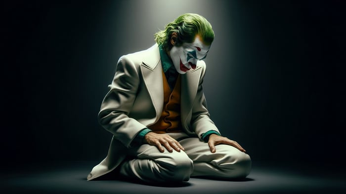 Joker in a white suit kneeling