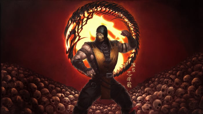 Scorpion from Mortal Kombat surrounded by skulls