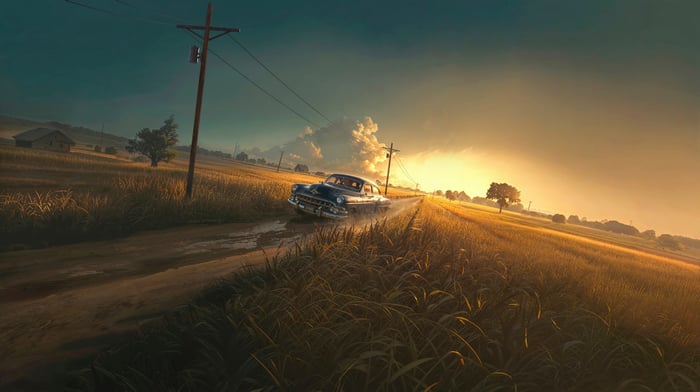 A vintage car drives down a dirt road at sunset