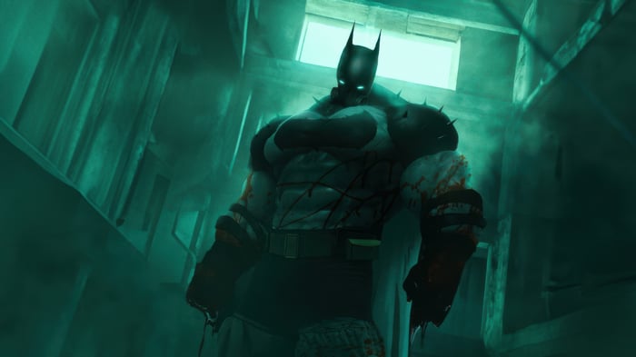 Absolute Batman in a dark, gritty environment