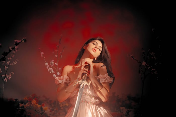 Woman in a dress holding a sword