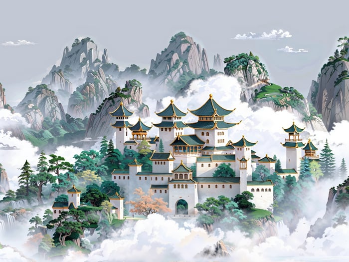 A majestic castle nestled in misty mountains