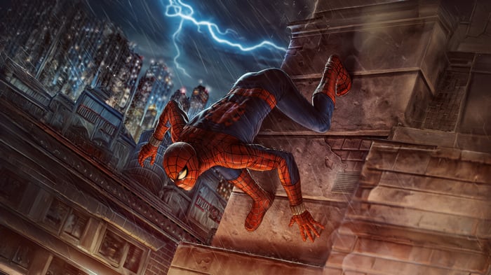 Spider-Man climbing on a building during a thunderstorm