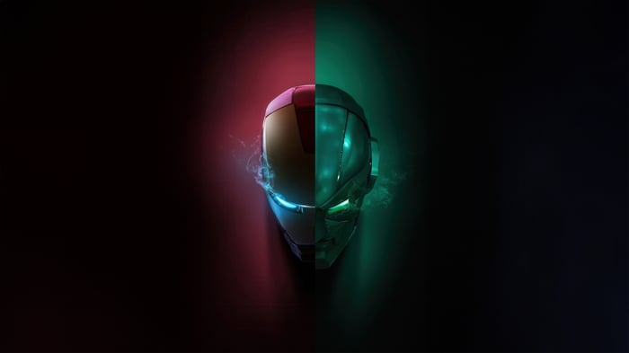 Iron Man mask split between red and green lighting