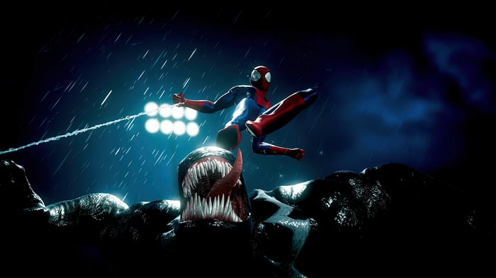 Spider-Man fighting Venom in the rain
