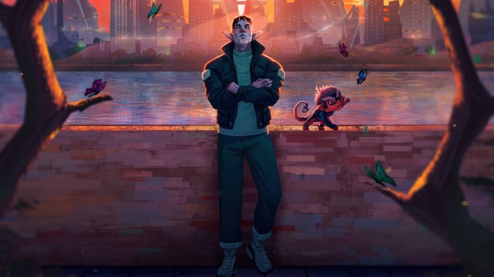 Character and creature by a river with city skyline