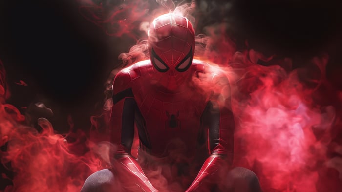 Spider-Man surrounded by red smoke