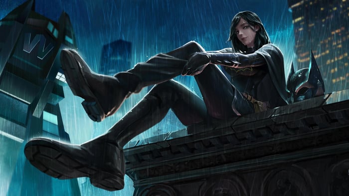 Batgirl sits on a rooftop in the rain