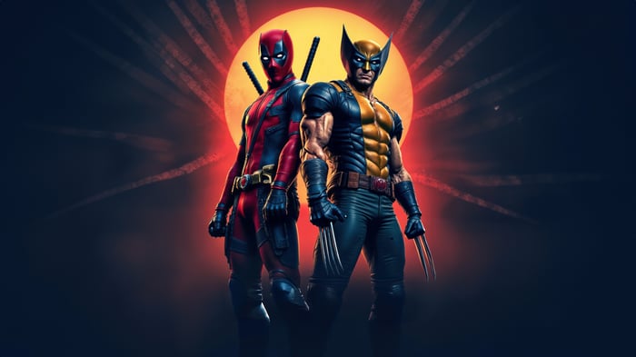Deadpool and Wolverine in front of a red sun