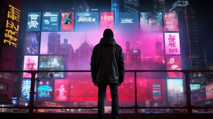 Neon City with Person Looking at Screens