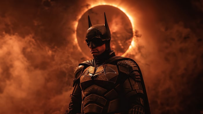The Batman in front of an eclipse