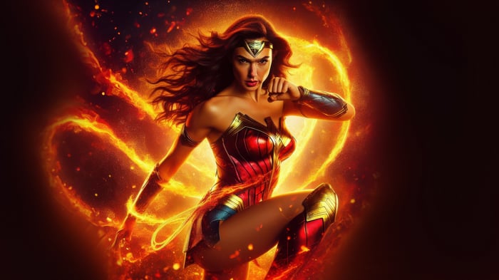 Wonder Woman in a fiery aura