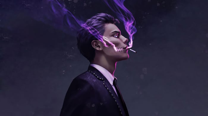 Man with skull face smoking with purple smoke