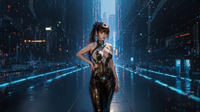 Eve from Stellar Blade in a futuristic city
