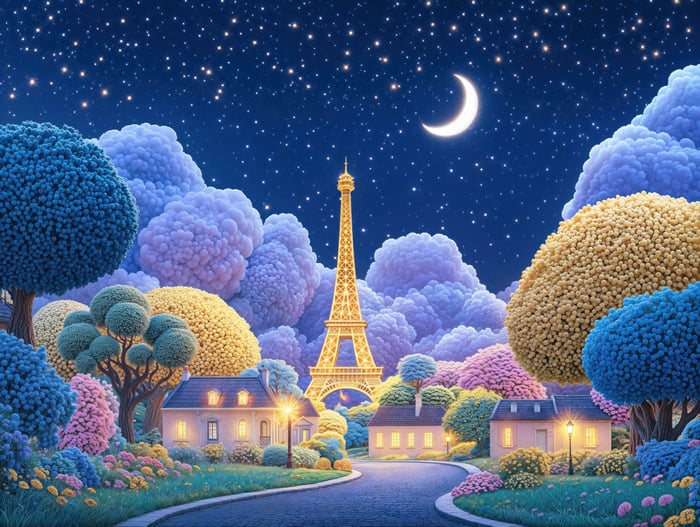 Parisian Night with Eiffel Tower and Crescent Moon
