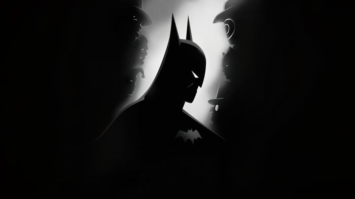 Batman and villains in silhouette