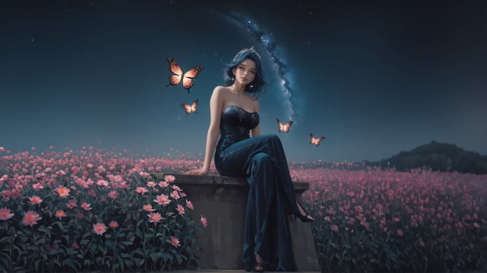 Queen of Butterfly in a field of flowers
