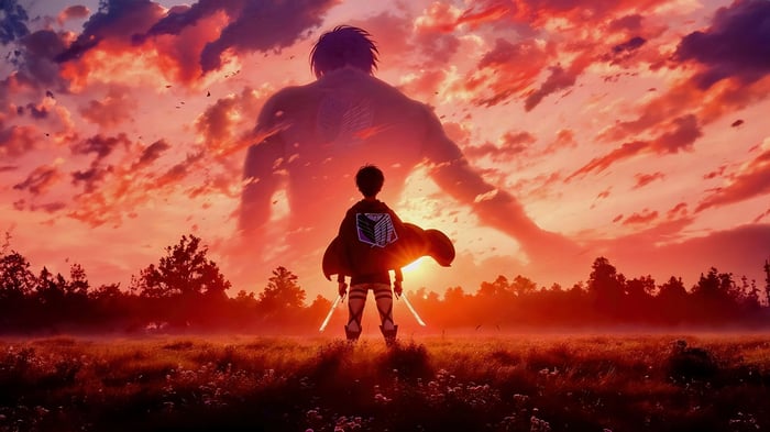 Attack on Titan: Eren and the Colossal Titan at Sunset