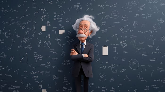 Cartoon Albert Einstein standing in front of a chalkboard