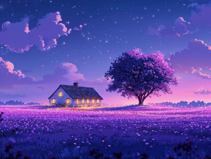 The House of Dreams in a purple field at night