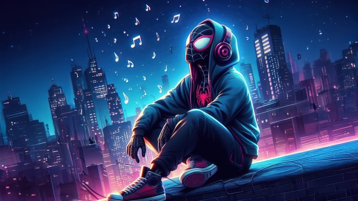 Miles Morales Listening to Music in a Neon City