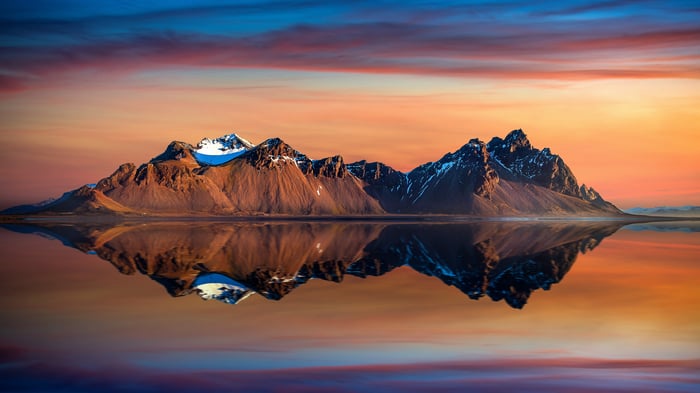 Icelandic Mountains Reflected in Water at Sunset