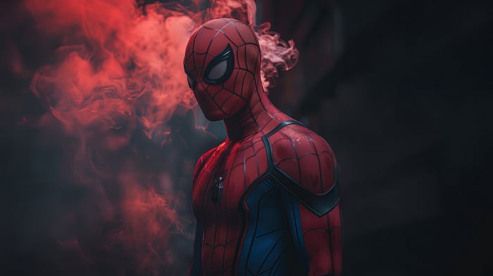 Spiderman in red and blue suit with red smoke