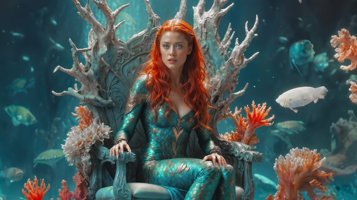Queen Mera sitting on a throne underwater