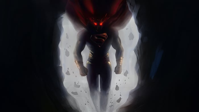 Superman with glowing red eyes and red cape