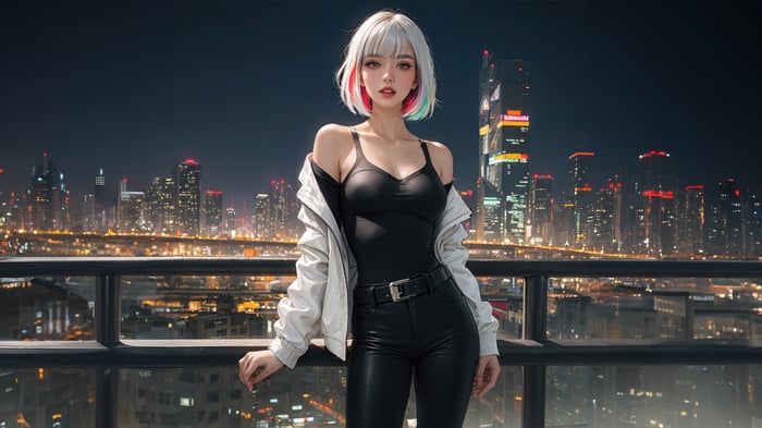 Anime Girl Poses on a Rooftop Overlooking a City at Night