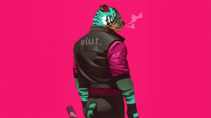Tiger wearing a jacket with 'slut.' on the back
