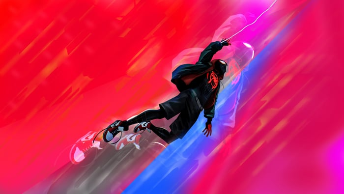 Miles Morales Swinging Through a Colorful City
