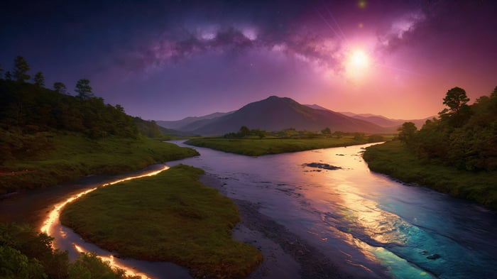 Dreamy Landscape with River and Mountains at Sunset