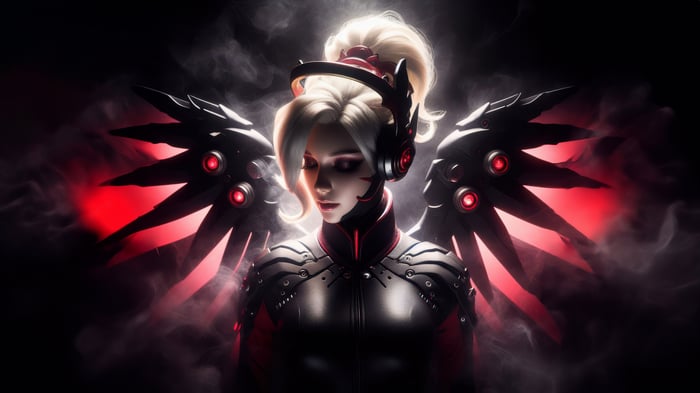 Mercy with Mechanical Wings in Dark Smoke