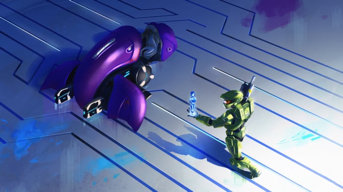 Master Chief holding a holographic Cortana near a Banshee