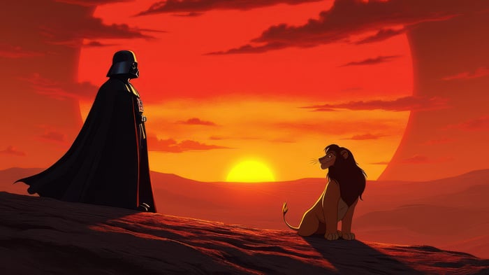 Darth Vader and Mufasa on a rocky outcrop at sunset
