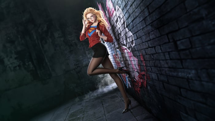 Supergirl in a red jacket and black skirt