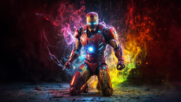 Iron Man in a chaotic, colorful nebula