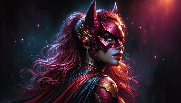 Bat Woman in a new red and gold outfit