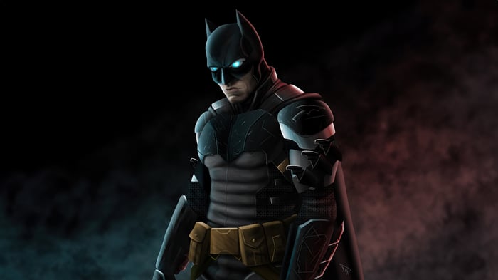 Batman with glowing blue eyes