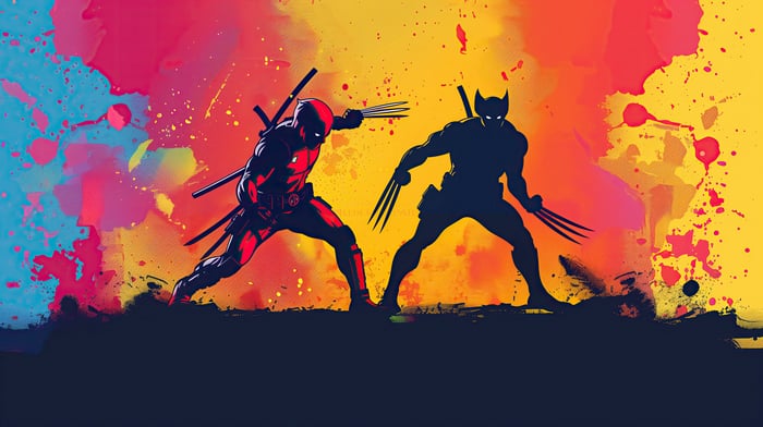 Deadpool and Wolverine clash with colorful paint splatters