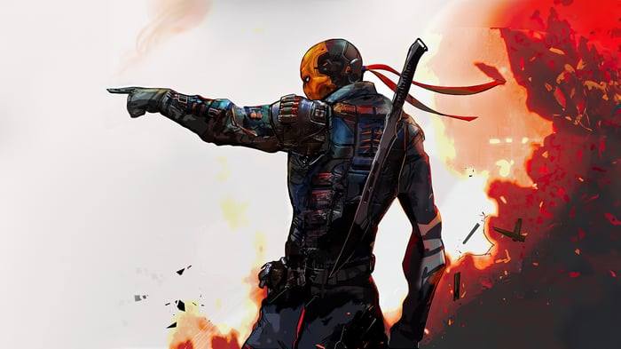 Deathstroke pointing with sword and explosions