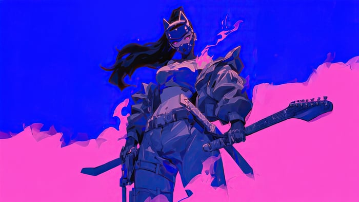 Neon Samurai Tech Warrior with Guitar and Katana
