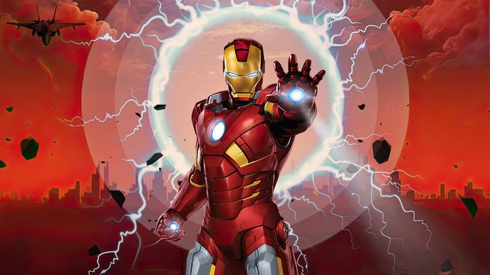 Iron Man in front of a portal with lightning