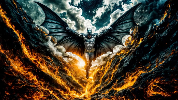Batman with Wings Amidst Fire and Storm