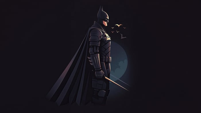 Batman standing with a sword and birds flying